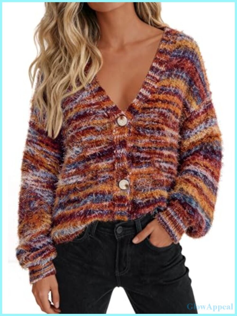 Women's Striped V-Neck Cardigan Long Sleeve Button Down Fuzzy Knit Sweater Coat
